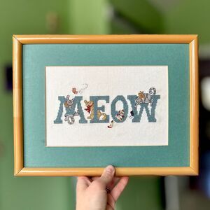 VTG Cross Stitched Framed Cats Meow Adorable Cottagecore Handmade Wall Decor